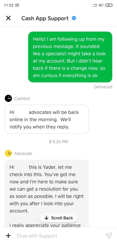 Cash App support only replies during American business hours