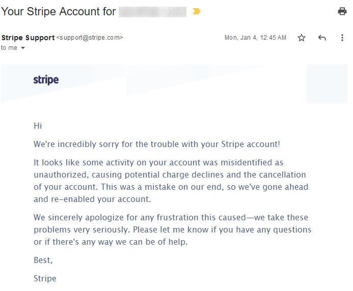 Stripe Account Reinstated after aBan